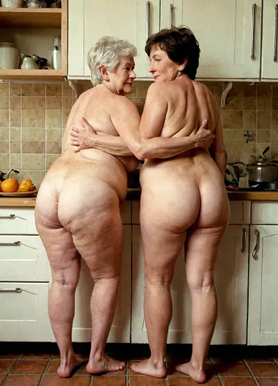 full view, side view, two naked granny, 78 old women, lesbian, they are fat grannys, dark short hair, hug, legs between legs, wide spread hairy cunts, hand masturbation, in kitchen, no dress, visible hairy anus