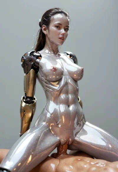 Super detailed, super quality, Hajime Sorayama style, (beautiful Cybernetic woman), (masterpiece, best quality), Brunette, medium breasts, naked, sci-fi, (silver face), (still silver body), (shiny silver skin:2), (cyber body), (mechanical joints of arms, mechanical joints of legs, mechanical joints of hips, mechanical joints of neck), (full figure visible), (wide apart legs), (pussy fucking), big dick, cowgirl sex position, reverse, cowgirl, white, cock, black, closeup, cs-m3tal-ok_v06-1000, <lora:reverse-cowgirl-xl-2.0:1>