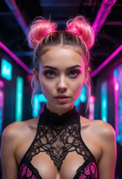 woman, (18 years old), neon pink, black light, phosphorescent, (messy bun), ((neon lace:1.3)), (detailed face and eyes:1.2), (fit), (innocent face:1.2), (dynamic light), (centered), (max detail), 8k, (cleavage), ((perfect nipples)), (((underground rave club))), secret, cyberpunk dance music, ((disco lights)), ambiance, facing camera, front view, symmetrical