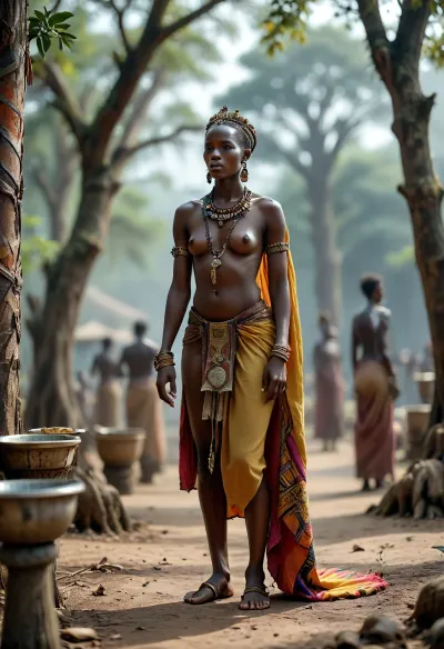 On a ceremonial African grounds, a powerful Black African king stands dominantly, adorned in regal, brightly colored garments with intricate patterns and traditional jewelry. In the foreground, a Nordic enslaved woman, dressed in simple, rough-spun linen and barefoot, offers the king a metal cup, intricately crafted from bronze. Behind them, vertical, roughly hewn tree trunks stand tall, adorned with symbolic animal skulls, imbuing the scene with a mystical, almost dark atmosphere. In the background, blurred silhouettes of other Black African people add life and authenticity to the setting, creating a vivid and detailed portrayal of the scene. The king’s expression is stern and formidable, reflecting his power, while the enslaved woman’s demeanor is respectful and subdued. This composition evokes a powerful, thought-provoking atmosphere, (maximum detail), (super realistic photo:1.4), CUM, DONATION, ASSISTANCE, FELLATIO, TITS, SEX, HANDJOB, FOOTJOB, AFTER, VAGINAL, <lora:MJ52:.6>, <lora:Super_Eye_Detailer_By_Stable_Yogi_SDPD0:.3>, <lora:BUT_SDXL_SHS:.3>, <lora:Cloudy_Style:.8>, <lora:CUM DONATION ASSISTANCE:1.9>