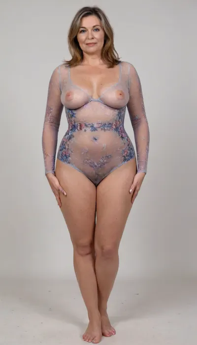 A VERY HIGH QUALITY, SUPER REALISTIC, PHOTO-REALISM FULL BODY PICTURE, ((4K)), ((SOLO)), 58 year old tall plump woman with love-handles but with small A-cup breasts, WOMAN'S OUTFIT, a floral-print long-sleeved low-cut sheer bodycon dress, no underwear or under-garment, WOMAN'S HAIR, bob, color is salt-and-papper, OILY BODY, STANDING, ATTENTION POSE, FULL BODY PLEASE, LEGS ARE SHOWEN, FRONT POSE, EYE LEVEL, WHITE BACKGROUND, STUDIO LIGHTING, IN A WHITE EMPTY STUDIO, FULL BODY LENGTH, WIDE PICTURE, photo, portrait, <lora:real-humans-PublicPrompts:.8>, <lora:NaturalBodyV2.0:.8>, h41ry, <lora:h41ry:.8>, NEGATIVE_HANDS