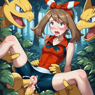 Pokemon May, massively fucked by many pokemon with their pokemon cocks in her pussy and ass, double penetration, petite, small breasts, skinny, short, clothes, gangbang pokemons, pain face, in a dark forest, scared face, crying, cummed, cum in face, 1girl, may_\, (pokemon\), collarbone, highres, eyelashes, red_shirt, bow_hairband, sleeveless_shirt, absurdres, bike_shorts, <lora:may_(pokemon):.8>