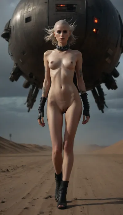 cinematic sci-fi scene, ultra realistic photography, dystopian atmosphere, cold blue dusk lighting, sandstorm with wind effects, highly detailed, sharp focus, 8k UHD, masterpiece, hyper-realistic, naked woman walking confidently, 40 years old, tall and skinny figure, porcelain skin, shaved head, black mascara, barcode tattoo above left breast, very flat saggy breasts with round areola, very wide hips, shaved pussy with big labia, worn out futuristic battle suit partially covering body, ultra high-heeled sandals, electronic necklace and bracelets with small LEDs, catwalk pose through storm, long legs emphasized, wind blowing hair and clothing, massive dark spaceship in background, distant view of dystopian planet, dramatic shadows, cinematic composition, volumetric lighting, depth of field
