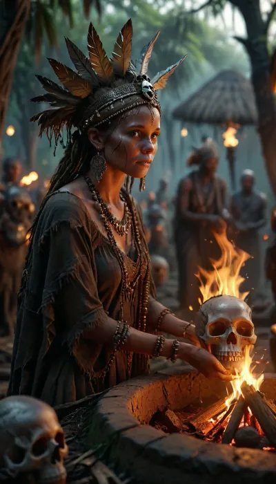 In a mystical African jungle at night, a village has gathered around an ancient sacrificial site. At the center stands the village sorceress, portrayed in high detail, wearing a headdress crafted from a skull, exuding an aura of wisdom and mystique. The scene is illuminated by a flickering fire pit, and the sacrificial grounds are adorned with skulls, shields, and other intricate details, creating a magical and eerie atmosphere. The villagers watch in reverence, and the entire setting is rich with high-resolution detail, capturing the mystical and magical essence of the moment, (maximum detail), (super realistic photo:1.4), <lora:MJ52:.4>, <lora:Super_Eye_Detailer_By_Stable_Yogi_SDPD0:.3>, <lora:Cloudy_Style:.5>, <lora:photorealistic_portrait_notrigger:.8>