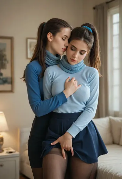 beautiful, gorgeous, 25_year_old, French woman, (Beautiful_French_woman), rubbing her girlfriend pussy, passionately, in the evening, indoors, dimmed_lighting, after_sunset, reflective_skin, (wearing a blue long-sleeve shirt, scarf, skirt, pantyhose), medium_height, long_hair, dark_hair, blue_scrunchie, ponytail, blue_eyes, perfect_figure, average_breasts, small_nose, thin_lips, jewelry, groping, touching, hugging_tightly, (fingering)
