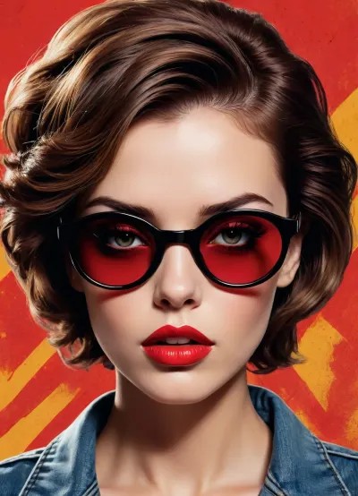 Create a bold pop-art poster illustration using the uploaded photo as the main reference. The person’s face, proportions, facial features, and expression must closely match the reference photo.
Illustrate the portrait in a vintage pop-art / comic-book style with strong graphic contrast, halftone dot textures, and rough ink outlines. Use a limited but striking color palette dominated by red, yellow, black, and beige tones.
The subject is centered, facing forward, wearing oversized round sunglasses with tinted lenses and glossy red lips. Hair is slightly messy and stylized with dynamic ink strokes.
Add a gritty, textured background with splatter effects and halftone patterns, giving a retro propaganda poster vibe.
High-detail illustration, screen-print texture, dramatic lighting, graphic poster composition, edgy editorial art style, no realism, no photo look.