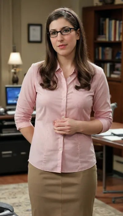 NSFW, "Foto de alta resolução de Mayim Bialik como a personagem Amy Farrah Fowler da série de TV 'The Big Bang Theory'. Ela tem cabelos castanhos ondulados, usa óculos grandes e redondos, um suéter modesto de cor mostarda ou marrom sobre uma blusa de botão e uma saia longa e escura. Ela está em um laboratório de neurociência, com tubos de ensaio e equipamentos científicos no fundo. Iluminação de estúdio, estilo realista, 8k."