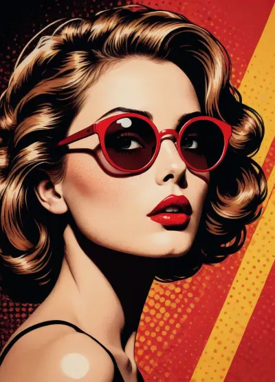 Create a bold pop-art poster illustration using the uploaded photo as the main reference. The person’s face, proportions, facial features, and expression must closely match the reference photo.
Illustrate the portrait in a vintage pop-art / comic-book style with strong graphic contrast, halftone dot textures, and rough ink outlines. Use a limited but striking color palette dominated by red, yellow, black, and beige tones.
The subject is centered, facing forward, wearing oversized round sunglasses with tinted lenses and glossy red lips. Hair is slightly messy and stylized with dynamic ink strokes.
Add a gritty, textured background with splatter effects and halftone patterns, giving a retro propaganda poster vibe.
High-detail illustration, screen-print texture, dramatic lighting, graphic poster composition, edgy editorial art style, no realism, no photo look., pop, art, style, <lora:pop_art_style:.8>