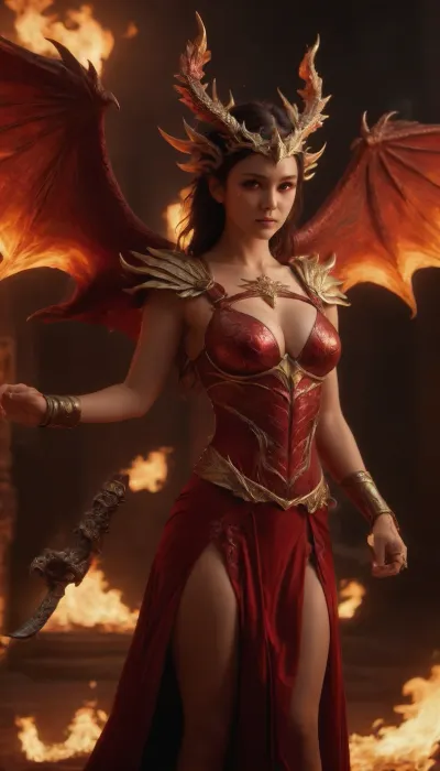 Dragonid-girl in a sexy red dress with cutouts on the sides and gold patterns, (Beautiful female face), 2 rows of horns on the sides of the head, (1 horn on the forehead:1), (dragon wings:1.5), (fire everywhere:1.5), (medium breast:1.5), full-length portrait, DonMDr4g0nXL, winxl, wings, flame, aquatic, shadow, feathered, colorful, owl, mask, machine, holding, a, weapon, whip, dagger, ambient, horns, <lora:DonMDr4g0nXL-rb:2>, <lora:winxl-step00000350:2>