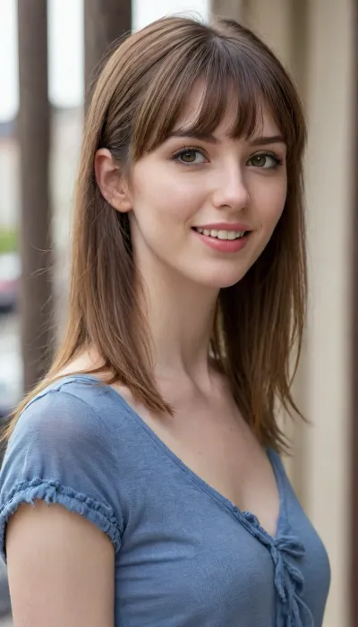 35 yo girl, very flirty pose, sideview, ((girl next door)), pretty, natural beauty, medium breasts, ((cute appearance:1.3)), ((cute)), ((pale skintone:1.2)), ((little bit chubby:1.4)), very flirty smile, showing teeth, ((unkempt hair)), ((straight hair:1.3)), ((symmetrical hair:1.5)), ((perfect fringe hair:1.5)), ((light brown bright hair)), ((very cute tall tall tall tall average youthful face:1.5)), outside, photorealistic, ((perfect composition)), ((perfect contrast:1.5)), ((perfectly balanced exposure:1.5)), ((perfect focus:1.5)), ((extremely realistic detailed lighting:1.5)), ((extremely realistic detailed shadows:1.5)), ((extremely detailed:1.3)), ((extremely high resolution:1.3)), ((16K UHD:1.5)), ((extremely realistic detailed skin texture:1.5)), ((extremely realistic detailed skinpores:1.5)), ((extremely realistic detailed face:1.5)), ((extremely realistic detailed eyes:1.5)), ((extremely realistic detailed hair:1.5)), focus on eyes, ((fully clothed:1.5)), random colored clothing, ((beautiful stylish clothing:1.5)), ((detailed clothing:1.5)), ((detailed environment:1.5)), Sweet_Sticky_xl-01, <lora:EnvyZoomSliderXL01:.3>, <lora:add-detail-xl:.5>, <lora:neanderthal_last:.7>