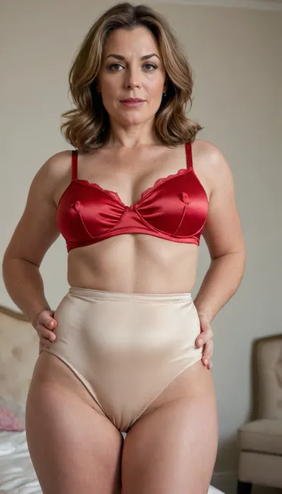 Photorealistic portrait of a mature milf., Voluptuous pear-shape, medium natural sagging, heavy ptosis, wide 45-inch hips, thick thighs, rounded booty, FUPA, plump pubis, full pelvis, soft pudgy belly, light colored eyes, light brown hair with silver streaks at temples, crow's feet, mature skin., (Wearing red satin high-waisted full-back panty, full briefs, high-compression fit, vacuum-sealed pelvic area, material straining over hips), red satin camisole fabric tension pull across sagging bust, soft, sagging., Set in a bedroom, viewed from the front a 45 degree angle., Cinematic lighting, balanced lighting, Raking side-lighting to emphasize prominent cellulite, dimpled skin, and varicose veins on thighs. Full body view, 8k, raw photo, un-retouched, (puffy labia), stretch_marks.