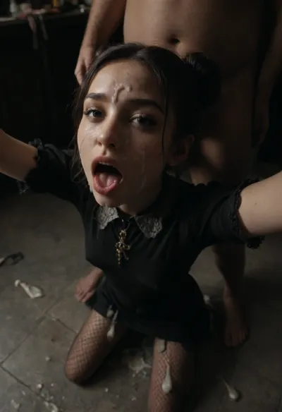 (SELFIE:1.4), photorealistic image, (explicit ejaculation on face:1.5), in a bar, (young asian woman with old man between crowd in dark convention hall), she is a perfect petite asian figure, majestic black long hair, dreamy perfect fake big tits, Thick black animal collar with padlock and single Bun hairstyle, (her body is divine sexy very slim torso:1.4), swollen pussy, woman wears a vampiric victorian style black dress, black transparent fishnet bat pants, street platform sneakers, gothic style., she is ready for any kind of sexual perversion, she kneeling on the dirty floor, (among used condoms:1.5), (open mouth with cum on face:1.4), she want to be used as a. trash can, any kind of sexual depravation, she is mouth open, rubbish cheeks, showing tongue for everybody, live streaming, woman has very hungry sexual apetite, she wants to be desired, she want to be watched fucking as a slut, ((The old fat man 70yo, is pervert man, a huge pervert man, with genuine erotic intentions, he dance with her, cum on her face in public, very indecent behavior)), many old wrinkeld standing around, cumshots, anal sex, game convention, many corporate gaming booths in the background, crowd hall, (she looks fixed teasing viewer:1.4), she looks seductive, deep view, authentic obsession, horny smile, voyeur fetish, amateure style, low light, low contrast, side view, looking, at, viewer, <lora:dark:.2>, <lora:looking_at_viewer:1.2>