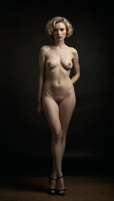 "Create a high-fashion photographic portrait of a melancholic yet elegantly sensual 50-year-old woman, embodying mature femininity with a dramatic, artistic nude aesthetic. **Subject, **, A pale-skinned MILF with a natural, voluptuous figure—softly rounded hips, small sagging breasts, and an overall lush, nearly chubby physique., Full-body composition emphasizing her nude form while maintaining sophistication., Striking contrast between her naked vulnerability and poised elegance, captured in a moment of melancholic sexuality. **Styling, **Hairstyle, ** Elegant, refined, short wavy bobcut, suggesting high-fashion gravitas., **Footwear, ** Black 18cm stiletto sandals, elongating her legs—highlighting a leg fetishism appeal with meticulous detail., **Fashion Mood, ** Evening glamour implied through absence, (nude), but with residual sophistication, as if she’s disrobed from a formal event. **Lighting & Tone, Moody, chiaroscuro lighting with deep shadows and highlights to sculpt her form dramatically., Cool undertones to enhance her pale complexion, evoking a sense of wistful trust and intimacy. **Photographic Style, Pornographic artistry blended with editorial fashion photography—think Helmut Newton meets Paolo Roversi., Tightly framed full-body portrait, emphasizing curves and the tension between melancholy and desire. **Emotion, A complex interplay of sadness and sensual confidence, her gaze suggesting a narrative of mature, unapologetic sexuality."