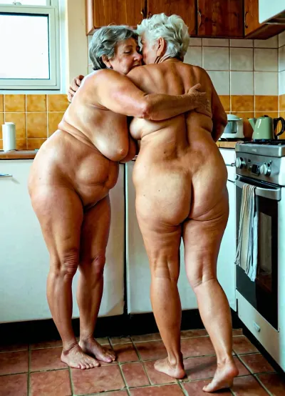 full view, side view, two naked granny, 78 old women, lesbian, tan lines, they are fat grannys, dark short hair, hug, legs between legs, wide spread hairy cunts, hand masturbation, in kitchen, no dress, visible hairy anus, old asses and skin.