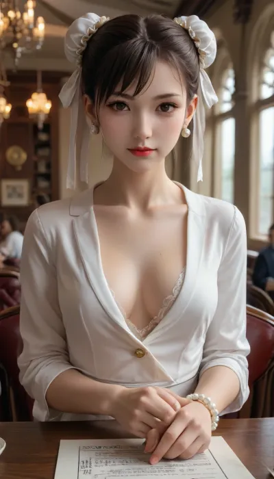 <lora:Chun-Li-SDXL:.8>, chun li thick body in a beautiful formal dress at a fancy restaurant, professional shot, looking at viewer with a confident smile on her face, putting her hands on the table