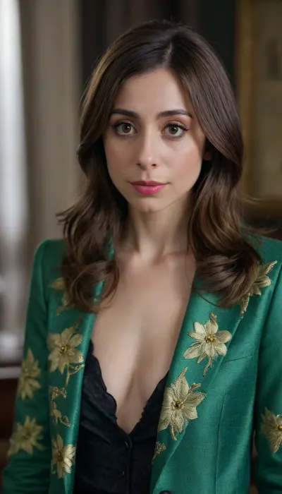 NSFW, "A striking portrait of Cristin Milioti as Sofia Falcone in the series The Penguin. She is wearing the distinctive green floral jacket/blouse seen in some episodes. The image should capture her complex expression – a mix of vulnerability and ruthless determination. Elegant hair, detailed facial features, shallow depth of field, professional photo shoot style." Big tits bbw