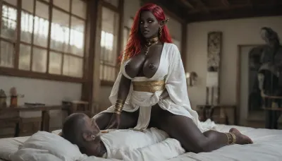 Amazon position, thin woman, white skin men, ((black skin:2.1)), elf ears, gold hair, Gorgeous face, (white eyes:1.5), (fit:1.5), (large breasts:1.2), (white kimono dress:1.5), fully dressed, silver collar, multicolored hair, Red hair, green hair, blue hair, red hair, nipple piercings, tribal tattoos, (piercing:2), (wearing her elf loincloth, jewelery, braclets, anklets:1.2), freckles, in the sea