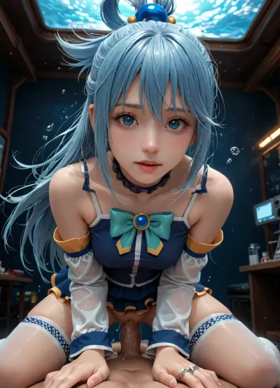 1girl, Aqua, KonoSuba series, adult woman, 36 years old, cheerful face, kneeling over viewer, bent over, fucked cowgirl by viewer, (big penis), cock deep into vagina, (deep penetration), exaggerated squirting, powerful squirting, squirt dripping heavily, wet pussy, water theme, glowing lights, window with underwater view, energy gauge, glowing instruments, detailed background, high angle, in underwater research laboratory, <lora:detailed_notrigger:.8>, ksaqua, blue hair, rings, blue, shirt, bow, detached, sleeves, skirt, thighhighs, bare, shoulders, <lora:konosuba_aqua_xl-000004:.8>, underwater, research, l4b0r4t0ry, <lora:underwater_research_l4b0r4t0ry:.8>