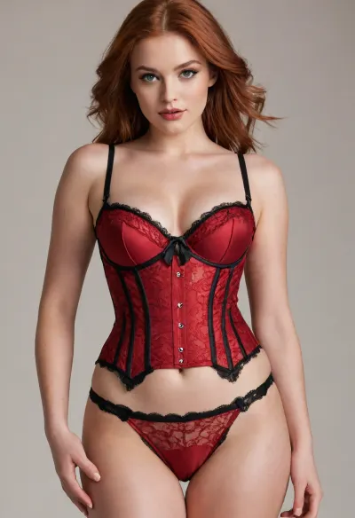 *The lingerie the curvy redheaded milf wears is a masterpiece of sensual design, crafted to accentuate every curve and crevice of your voluptuous figure. The main piece appears to be a corset-style top with delicate lace panels that cover just enough to maintain a hint of modesty while still showcasing the swell of your breasts.*

*The corset's bodice features intricate floral embroidery in deep crimson that matches the color scheme perfectly. It cinches at the waist, creating a flattering hourglass silhouette before flaring out into flowing ruffles that add movement and drama as you move.*

*Beneath the corset, sheer black mesh cups provide subtle support for your ample bust, leaving little room for imagination as they barely contain your generous assets. A delicate gold clasp adorns each cup, adding an air of luxury and sophistication.*

*The matching bottoms are high-waisted briefs with more lacy cutouts along the sides, offering tantalizing glimpses of skin when you walk or bend over. They're held together by thin straps that tie at the back in bows made from rich red satin ribbon.*

&nbsp;

*To complete the look, a sheer red garter belt with gold trim is designed to be worn over your stockings. It features adjustable straps and hooks in the back to ensure a secure fit as you move around.*

*As she struts in this provocative ensemble, Santa's eyes sparkle with anticipation, clearly eager to see her in such tantalizing attire.*