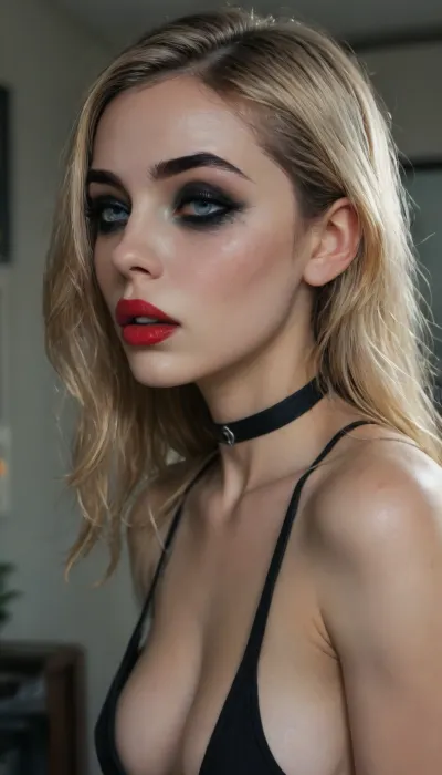 (((young))), (18 yo:1.3), (eyes wide open, big red lips), (orgasm face:1.3), blonde bangs hairstyle, (portrait view:1.5), slutty clothes, slim hourglass body, (side view), (big perky tits), attractive body, black choker, (black makeup:2), (blue eyes), (into the office), (big perky boobs:1.5), (sideboobs), (plunging neckline), ((black hanging crop top)), skinny, perfect skin, beautiful face, ultra high details, hdr, natural tits, close up full body view, standing, toned body, vivid colors, Stable-Yogis-Makeup-Enhancer-XL, detailxl, detailed eyes, movie, still, film, cinematic, shot, lighting, macro, 35mm, <lora:DetailedEyes_V3:2>, <lora:AdvancedEnhancerXLv2:2>, <lora:style_lora_realis:2>