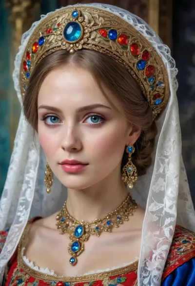 Portrait of a Russian beauty in national costume, lace filigree of bright, rich color. Super clear, highly detailed watercolor, glaze technique, plus colored alcohol ink, style of V. Vasnetsov