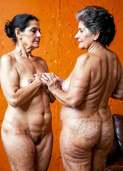Granny, 78 age and 72 age old, black cut hair, hairy pussie, two very old back view, lesbians, old skin of the age.The nipples are slightly relaxed. they stand proudly completely naked and look at the viewer. Old ass and little hairy. Hairy pussies. Wrinkled tanned skin. Little chubby tummy. Grandmothers are short. Mexican type of woman. Height about 160 cm. Their hands touch their hairy pussies. Visible they hairy assholes.