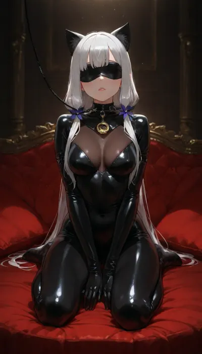 4k, highly detailed, petite girl, petite body, solo, Emilia from Rezero, cat girl in a glossy black latex catsuit, kneeling on a velvet cushion, wearing a posture collar with a leash attached to a wall hook, cat ear mask, blindfold, submissive pose, luxurious boudoir setting, soft moody lighting, elegant, artistic, 8k, sharp focus