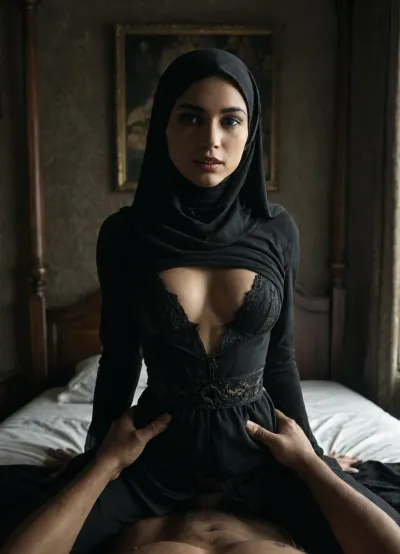 (score_9, score_8_up, score_7_up, UHD 8K, masterpiece, best quality, maximum details, natural light, extreme realism, cinematic still), (cute 19 years old Princess Jasmine), (Palace bedroom), (jasmine black_hijab), (petite and small body, medium size breasts), happy face, orgasm, moaning happily, eyes closed, body spent, head tilted backwards, (black abaya), (lean, fit), (shaved pussy), (wearing a black robe), (black bra), having sex cowgirl postion, (large and tall muscular man), medium size penis, (rugged hands), (moaning), (grabbing another's waist), brutally fucking her, hard sex. Pov, black_hijab, <lora:dark:.8>