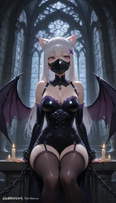 4k, highly detailed, petite girl, petite body, solo, Emilia from Rezero, gothic cat girl in a dark purple latex corset and stockings, chained to a stone altar in a ruined cathedral, wearing a metal muzzle gag, bat wings, dramatic fog, moonlight streaming through a broken window, dark fantasy, atmospheric, digital painting