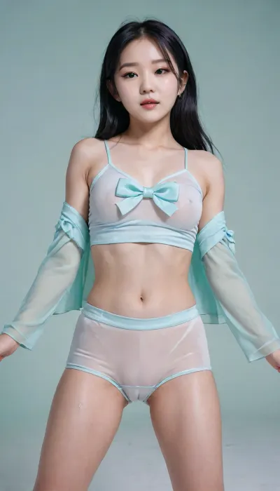 Professional full-body photograph of a cute, petite, youthful Korean K-pop star with long black hair, captured in a dynamic dance pose. She is wearing a modern, stylish stage outfit consisting of mint-green high-waisted tailored fabric shorts and a soft baby-blue cropped bolero-style top over a white silken camisole. The outfit features cute details like small blue bows and sheer organza layers, creating a fresh and sweet aesthetic. Specifically featuring a black strap around her left thigh. She has a sweet, slightly shy and hesitant smile. The setting is a bright, modern stage with soft sea-foam green and sky-blue lighting. High-fashion K-pop idol aesthetic, sharp focus, cinematic atmosphere, braless, Wearing, clothes, that, make, sense, with, Braless>, <lora:bralessSDXL_v1_00022:.8>, cameltoe, <lora:cameltoe XL:.8>