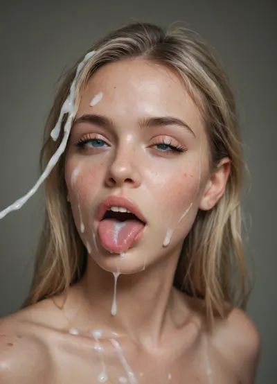 brune face with massive cumshot detailed, big load of cum everywhere in hair, one eye is closed with cum on it, tongue is out with cum dripped from his it onto his chin.