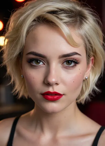 Shelby, a sexy 20-year-old woman with short blonde pixie-cut hair slightly messy and tousled in a classic 80s hard rock style, fair skin with light freckles, sharp attractive facial features, high cheekbones, full lips with bold bright red lipstick, extravagant bold makeup, thick black winged eyeliner, long dramatic false eyelashes, heavy smoky eyeshadow in dark shades, perfectly arched eyebrows, confident and teasing expression with a knowing smirk, rebellious classic hard rock fan vibe, photorealistic face details, consistent character