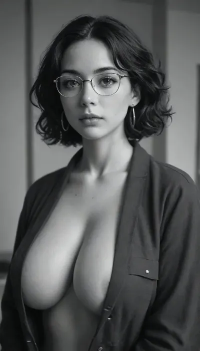 best quality, anime, wearing a jacket, gigantic breast, glasses, focus on face, room, manga, (lineart), (monochrome), black and white, (colorless), Lineart, LineAniAF, <lora:LineAniRedmondV2-Lineart-LineAniAF:1>