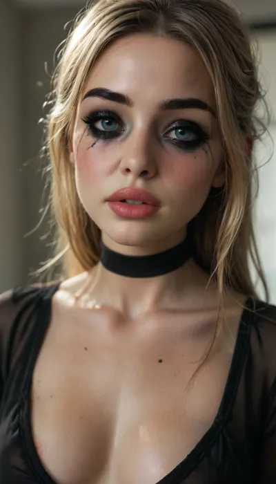 (((young))), (18 yo:1.3), (eyes wide open, big lips), (shy face:1.5), (blushing:1.5), blonde bangs hairstyle, (spit on her face), (portrait view:1.5), slutty clothes, slim hourglass body, (side view), (big perky tits), attractive body, black choker, (black makeup:2), (erected nipples), (blue eyes), (into the office), (big perky boobs:1.5), (plunging neckline), ((black hanging crop micro bra)), skinny, perfect skin, beautiful face, ultra high details, hdr, natural tits, close up full body view, standing, toned body, vivid colors, Stable-Yogis-Makeup-Enhancer-XL, detailxl, detailed eyes, movie, still, film, cinematic, shot, lighting, macro, 35mm, <lora:DetailedEyes_V3:2>, <lora:AdvancedEnhancerXLv2:2>, <lora:style_lora_realis:2>