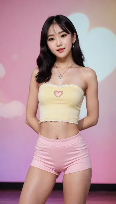 Professional full-body photograph of a 18 yo, cute, petite, youthful Korean K-pop star with long black hair, in a dynamic dance pose. She is wearing tight-fitting, high-waisted fabric shorts in a soft pastel pink, completely smooth without any ruffles. Her top is a modern, stylish cropped halter-neck top in a delicate pastel lemon yellow, featuring a small heart cutout in the center. Specifically featuring a black strap around her left thigh. She is wearing elegant white high heels that elongate her silhouette. She has a sweet, slightly shy and hesitant smile. The stage is decorated with soft white clouds and warm, dreamy pink lighting. High-fashion K-pop aesthetic, sharp focus, cinematic atmosphere, 8k resolution
ruffle, clothes, <lora:PantyPull-000005:.8>