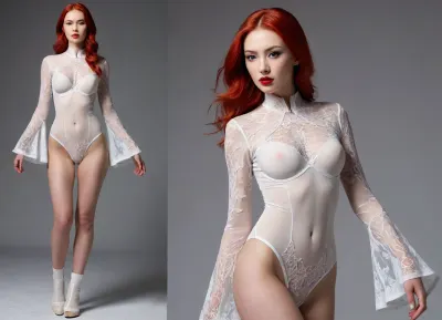 bodysuit fashion design, split screen with 2-views, left panel is front view, right panel is back view, of Chinese fashion model with pale skin, "red hair", is showcased wearing all-white avant-garde bodysuit, Avant-garde Urban Wear, Fusing an Assassin’s Creed aesthetic with elements of nature, long sleeves, drawing inspiration from Rinaldy Yunardi, complex, intricate designs and Ross Lovegrove futuristic Biomorphic style, Michelle Hébert, wearable art. The white bodysuit is crafted from transparent and clear materials, constructed with an elegant, sophisticated structure of flowing lines. Set against a pristine, clean white background, the image focuses sharply on the model, emphasizing the details of the white bodysuit. white Bodysuit details are complete. The rendering aims for a hyper-detailed, high-resolution effect, employing techniques to achieve a photorealistic, hyper-realistic look that captures the fine textures and subtleties of the materials and design, ((heavy make-up with red lipstick)), Full body view, (visible pussy:1.2), ((flare sleeve, bell-sleeve:1.2)), vulva, straps, cup-less, see-through bra, wispy lace, (bold Guipure/Venetian Lace:1.2)