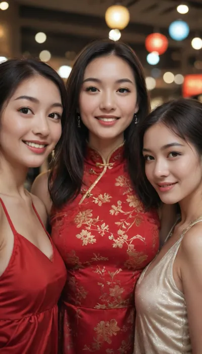 Premium fast rendering, best AI rendering, realistic AI model, (Chinese New Year), family reunion dinner, Asian girls, 3girls, cousins, (modest), dress, straight neat hair, thin lips, alluring smile. Gold. Oof, bokeh, blur