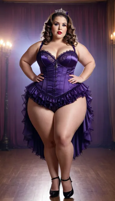 tall chubby ssbbw thick woman. full front view, wearing a dress, burlesque, dress, <lora:xl_burlesque_dress-1.0:1.7>