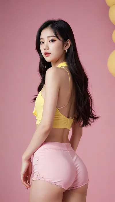 Professional full-body photograph of a 18 yo, cute, petite, youthful Korean K-pop star with long black hair, in a dynamic dance pose. She is wearing tight-fitting, high-waisted fabric shorts in a soft pastel pink, completely smooth without any ruffles. Her top is a modern, stylish cropped halter-neck top in a delicate pastel lemon yellow, featuring a small heart cutout in the center. Specifically featuring a black strap around her left thigh. She is wearing elegant white high heels that elongate her silhouette. She has a sweet, slightly shy and hesitant smile. The stage is decorated with soft white clouds and warm, dreamy pink lighting. High-fashion K-pop aesthetic, sharp focus, cinematic atmosphere, 8k resolution
ruffle, clothes, undressing, <lora:undressing_XL_v1:.8>