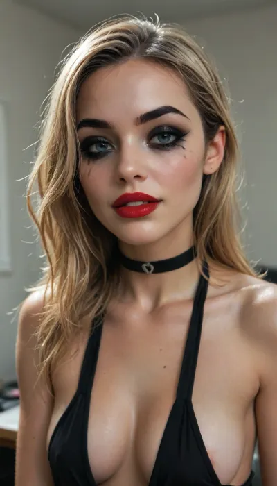 (((young))), (18 yo:1.3), (eyes wide open, big red lips), (horny face:1.3), blonde bangs hairstyle, (portrait view:1.5), slutty clothes, slim hourglass body, (side view), (big perky tits), horny face, attractive body, black choker, (black makeup:2), (blue eyes), (into the office), (big perky boobs:1.5), (plunging neckline), ((black hanging crop top)), skinny, perfect skin, beautiful face, ultra high details, hdr, natural tits, close up full body view, standing, toned body, vivid colors, Stable-Yogis-Makeup-Enhancer-XL, detailxl, detailed eyes, movie, still, film, cinematic, shot, lighting, macro, 35mm, <lora:DetailedEyes_V3:2>, <lora:AdvancedEnhancerXLv2:2>, <lora:style_lora_realis:2>
