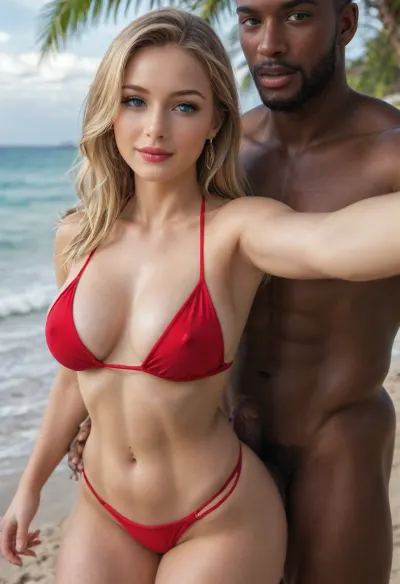 (masterpiece, best quality), explicit interracial couple caressing on the tropical beach. French woman, blonde hair, facing the camera, 40 years old, (beautiful:1.8), (curvy:1.7), ((fertile goddess)), wide hips, big bubble butt, thick thighs, dressed, red string bikini, covered breasts, protruding nipples, (small, natural, teardrop breasts), (C cup breasts), arm outstretched taking the selfie, perfect heavy makeup, red lipstick, perfect eyes, (ice blue, seductive), wry smile, looking at the viewer, closed lips, sexy head-tilt, S-curve model pose, perfect detailed hands, wedding ring, (((embraced from behind))), his hands are caressing her body, 1man, (((male model face))), black African, black skin, swimwear, naked torso, muscular, athletic, bulging brutish muscles, holding her hips, (caressing:1.6), big cock . Beach, sea, sand, sunny sky, hot midday setting, energetic tone, selfie, close-up, perpendicular side view, sunlight lit from the front, sunlight reflecting off skin, captured with a Leica M10, Leica Summilux 50mm f/1.4 lens, sharp focus, best shadow, score_9, score_8_up, 8K, UHD, clear image, extremely sharp, extremely detailed, extremely intricate detail, high res, ultra-high-definition, highly detailed, ultra-sharp textures, finely detailed, perfect skin texture, hyperrealistic lighting, professional photography, full dynamic range, deep contrast, high clarity, realistic depth of field, HDR, perfect exposure, smooth gradients, volumetric lighting, natural reflections, ultra-fine details, realistic skin pores, individual hair strands, bokeh, soft shadows, color-graded, dvr-shrp, sexy ass, small, shadow, minimalism, <lora:attractive_notrigger:1.5>, <lora:WildcardX-XL-Detail-Enhancer:1.5>, <lora:EnvyShadowMinimalismXL01:1.5>, <lora:EnvyThiccXL02:1.5>, <lora:NSFW_Reality_Engine_XL05:1.5>