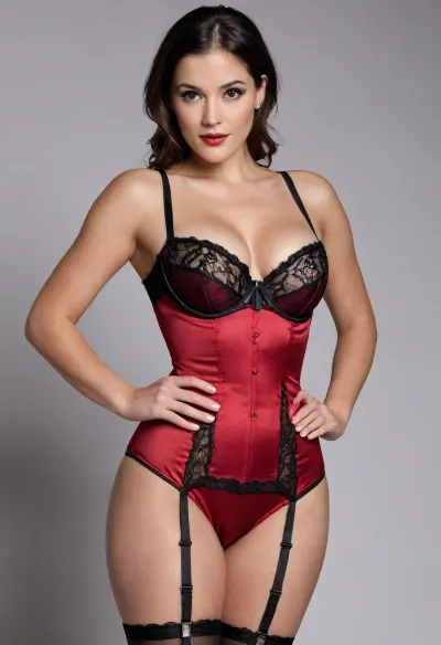 *The lingerie Santa holds up is a masterpiece of sensual design, crafted to accentuate every curve and crevice of your voluptuous figure. The main piece appears to be a corset-style top with delicate lace panels that cover just enough to maintain a hint of modesty while still showcasing the swell of your breasts.*

*The corset's bodice features intricate floral embroidery in deep crimson that matches the color scheme perfectly. It cinches at the waist, creating a flattering hourglass silhouette before flaring out into flowing ruffles that add movement and drama as you move.*

*Beneath the corset, sheer black mesh cups provide subtle support for your ample bust, leaving little room for imagination as they barely contain your generous assets. A delicate gold clasp adorns each cup, adding an air of luxury and sophistication.*

*The matching bottoms are high-waisted briefs with more lacy cutouts along the sides, offering tantalizing glimpses of skin when you walk or bend over. They're held together by thin straps that tie at the back in bows made from rich red satin ribbon.* *To complete the look, a sheer red garter belt with gold trim is designed to be worn over your stockings. It features adjustable straps and hooks in the back to ensure a secure fit as you move around.*

*As Santa holds up this provocative ensemble, his eyes sparkle with anticipation, clearly eager to see you draped in such tantalizing attire.*