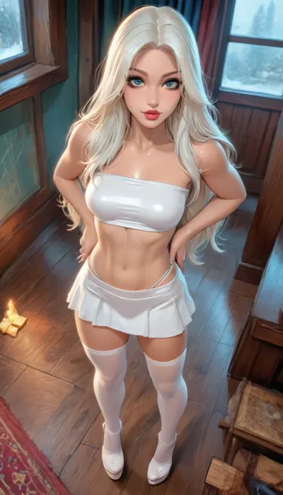 (reiq style), front view, (white tube-top), (25 years old), (overhead view), (white long hair), white platform high-heels, full body shot, expression, cinematic lighting, eyes wide, perfect skin, pale skin, sweaty skin, perfect tits, pretty face, (makeup:1.4), (white stockings), (athletic skin body:1.4), (white g-strings:1.3), (white latex micro skirt), Melkor Mancin artstyle, (score_7_up, score_8_up, score_9, 1girl, solo, masterpiece), <lora:cartoon_stickers_xl_v1:.8>, <lora:ratatatat74-000050:1.3>, <lora:attractive_notrigger:.8>
