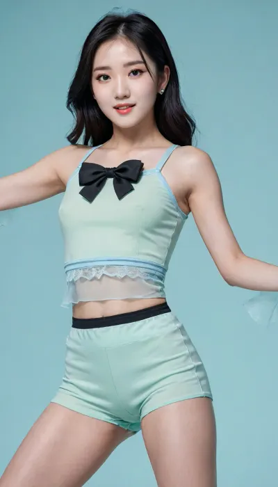Professional full-body photograph of a cute, petite, youthful Korean K-pop star with long black hair, captured in a dynamic dance pose. She is wearing a modern, stylish stage outfit consisting of mint-green high-waisted tailored fabric shorts and a soft baby-blue cropped bolero-style top over a white silken camisole. The outfit features cute details like small blue bows and sheer organza layers, creating a fresh and sweet aesthetic. Specifically featuring a black strap around her left thigh. She has a sweet, slightly shy and hesitant smile. The setting is a bright, modern stage with soft sea-foam green and sky-blue lighting. High-fashion K-pop idol aesthetic, sharp focus, cinematic atmosphere, braless, Wearing, clothes, that, make, sense, with, Braless>, <lora:bralessSDXL_v1_00022:.8>