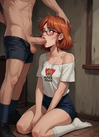 Score_9, score_8_up, score_7_up, reiq meets markgavatino art style, redhead girl, glasses, t-shirt off at shoulder, shorts, thigh high socks, thick puffy nipples, skinny body with small breasts, kneeling near wall, knees up, spread legs, man fucking her in mouth, rough oral sex, sucking huge dick, swallowed dick, deepthroat blowjob, fast sloppy blowjob, saliva strands on cock, drooling from mouth onto breasts, shy, embarrassed, (her sister sitting in corner, shocked), living room, cute, doodle, ratatatat74, <lora:cutedoodle_XL-000012:.8>, <lora:ratatatat74-000050:.8>, <lora:NEOTOKIOXL_0.2_RC:.8>, <lora:outline_xl_kohaku_delta_spv5x:.8>