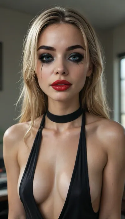 (((young))), (18 yo:1.3), (eyes wide open, big red lips), (horny face:1.3), blonde bangs hairstyle, (portrait view:1.5), slutty clothes, slim hourglass body, (side view), (big perky tits), horny face, attractive body, black choker, (black makeup:2), (blue eyes), (into the office), (big perky boobs:1.5), (sideboobs), (plunging neckline), ((black hanging crop top)), skinny, perfect skin, beautiful face, ultra high details, hdr, natural tits, close up full body view, standing, toned body, vivid colors, Stable-Yogis-Makeup-Enhancer-XL, detailxl, detailed eyes, movie, still, film, cinematic, shot, lighting, macro, 35mm, <lora:DetailedEyes_V3:2>, <lora:AdvancedEnhancerXLv2:2>, <lora:style_lora_realis:2>