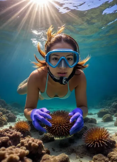A Filipina woman, wearing a mask and gloves, collects sea urchins while snorkeling on a shallow reef. Ultra-realistic and detailed 8K high-gamut colors image with volumetric light, (rays filtering through the water:1.5)