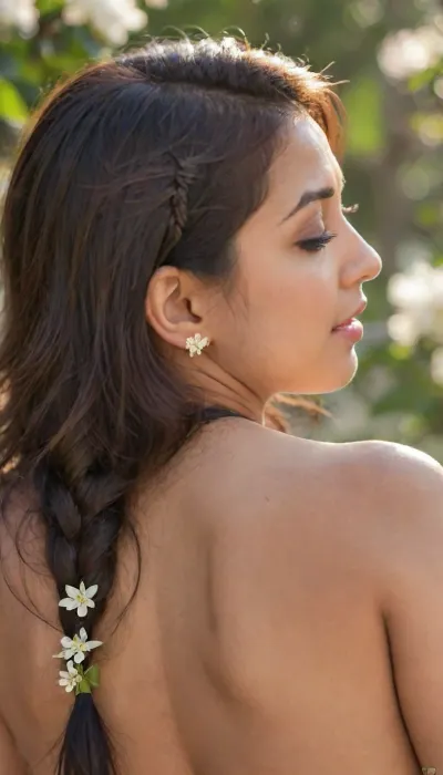 Extremely close-up and detailed shot of the back of a curvy Indian woman's neck who is in doggy position, ((the girl hair has jasmine flower)), focusing on the fine, small hairs under her ears that are coming loose from her braided hair. The shot captures the texture of her skin and the delicate hairs, with soft, diffused lighting enhancing the details. The background is slightly blurred to keep the focus on the neck., ((Ultimate realistic photo details)), (((dynamic sexy pose))), (((bright sunlight))), (((laser focused image))), ((small hair on skin detailed)), (natural big breasts), (((committed for best pose in generation))), (sightly zoomed 0.5), detailxl, <lora:WildcardX-XL-Detail-Enhancer:.8>, <lora:ptgs:.8>, <lora:rearpussy-xl-1.0:.8>