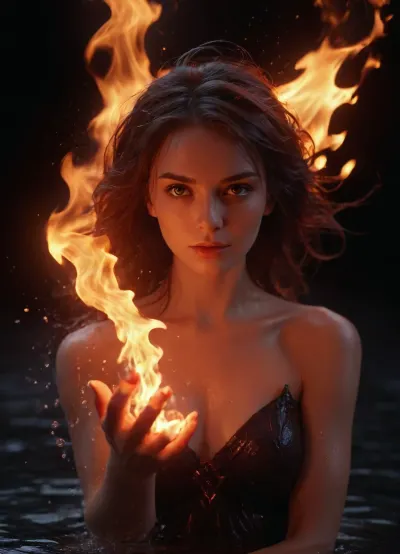 A powerful elemental witch with a striking theme of duality, her left side engulfed in blazing fire and her right side flowing with icy water. Her intense gaze radiates determination and mystique as flames swirl from one hand while cascading water bursts from the other. Her hair blends seamlessly between burning embers and crystalline droplets, glowing with magical energy. The background is a dark and misty atmosphere with contrasting warm orange firelight and a hyper-realistic fantasy portrait, dramatic lighting, cinematic style, ultra-detailed textures, 8K resolution., ice, and, water, ring, fiery, aura, <lora:xl0918ice-water:.8>, <lora:Fiery_aura_XL_-_Burning_passion:.8>, <lora:Hegre-Nude_woman-000001:.8>
