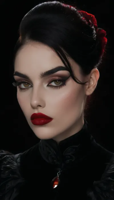 (An enrapturing portrait of an stunningly beautiful goth girl silhouetted against a black velvety backdrop, avant-garde high fashion goth esthetic:1.6), (focus on eyes, large expressive eyes, sensual expression, inescapable eye contact:1.2), (intricate elegant hairstyle, raven black hair:1.4), (Latina, pale creamy porcelain skin, intense eye contact, chiselled cheekbones, strong jawline, defined jawline, elegant neck), (goth makeup, heavy smokey eye shadow, heavy mascara, bold winged eyeliner, long thick eyelashes, immaculate eyebrows, blood red lipstick, wet lip look:2), (confident seductive smirk, glistening lips), ponychar3-RBSYPV3, <lora:ponychar3-0-RBSYPV3:.8>, 4ng3l, face, <lora:SDXL_BetterFaces-LoRA_v1:.8>, dark, chiaroscuro, low-key, <lora:zavy-cntrst-sdxl:.8>, Stable-Yogis-Makeup-Enhancer-XL